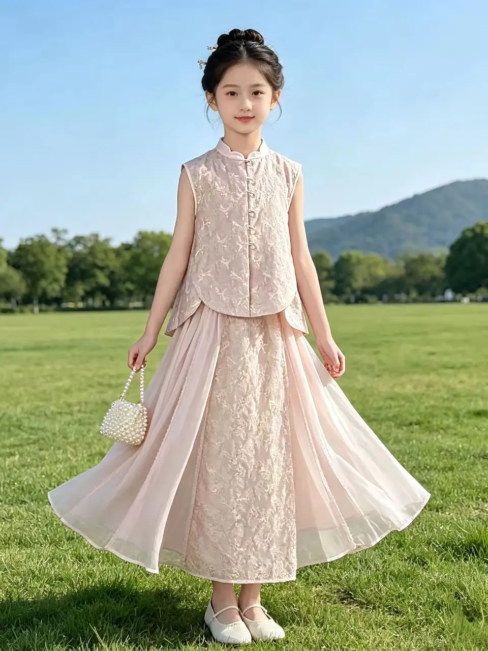 girls'-new-chinese-style-two-piece-set-summer-lace-dress-with-stand-collar-button-fastening-breathable-thin-cotton-outfit
