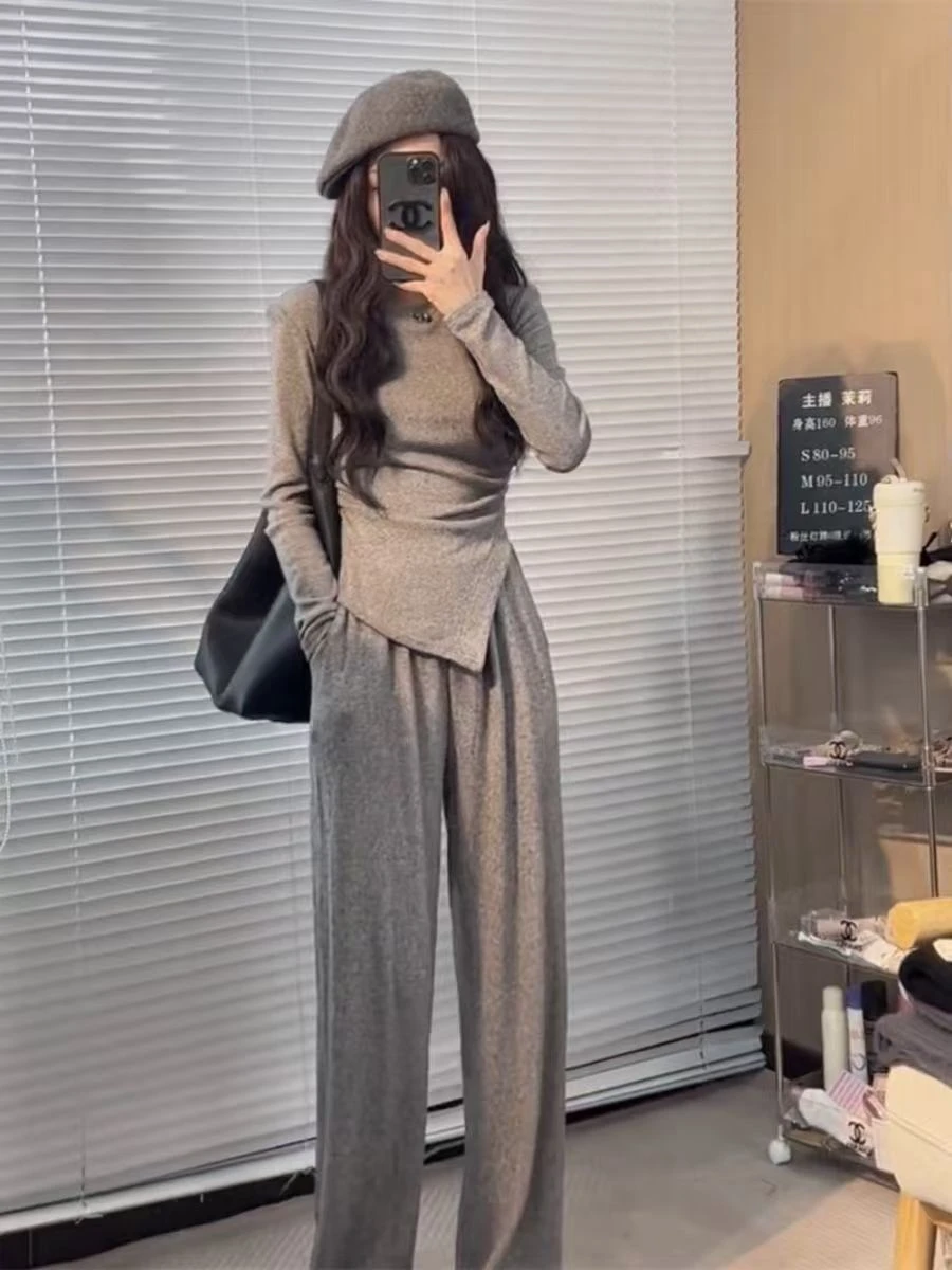 Korean casual waist collection popular autumn/winter set irregular top wrinkled straight tube T-shirt floor mop two-piece set