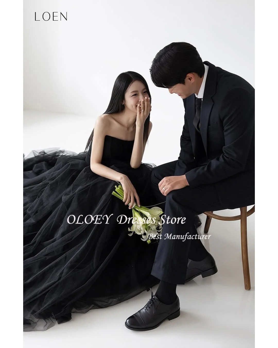 OLOEY 블랙 Tulle 이브닝 드레스 라인 Strapless Floor Length 한국 웨딩 사진 촬영 드레스 코르셋 맞춤형