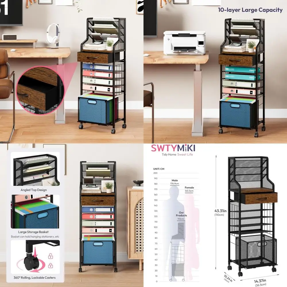 

10-Tier Rolling Cart - Mesh Paper Organizer with Drawers and Hanging File Holders, Lockable Wheels, Ideal for Home, Studio, Scho