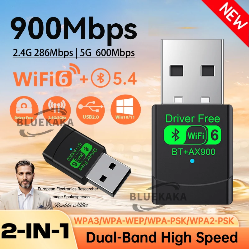 New Upgrades Mini USB Wireless Bluetooth 5.4 Transmitter Receiver Adapter WiFi 6 Dongle 900Mbps Dual Band For PC Laptop Win10/11