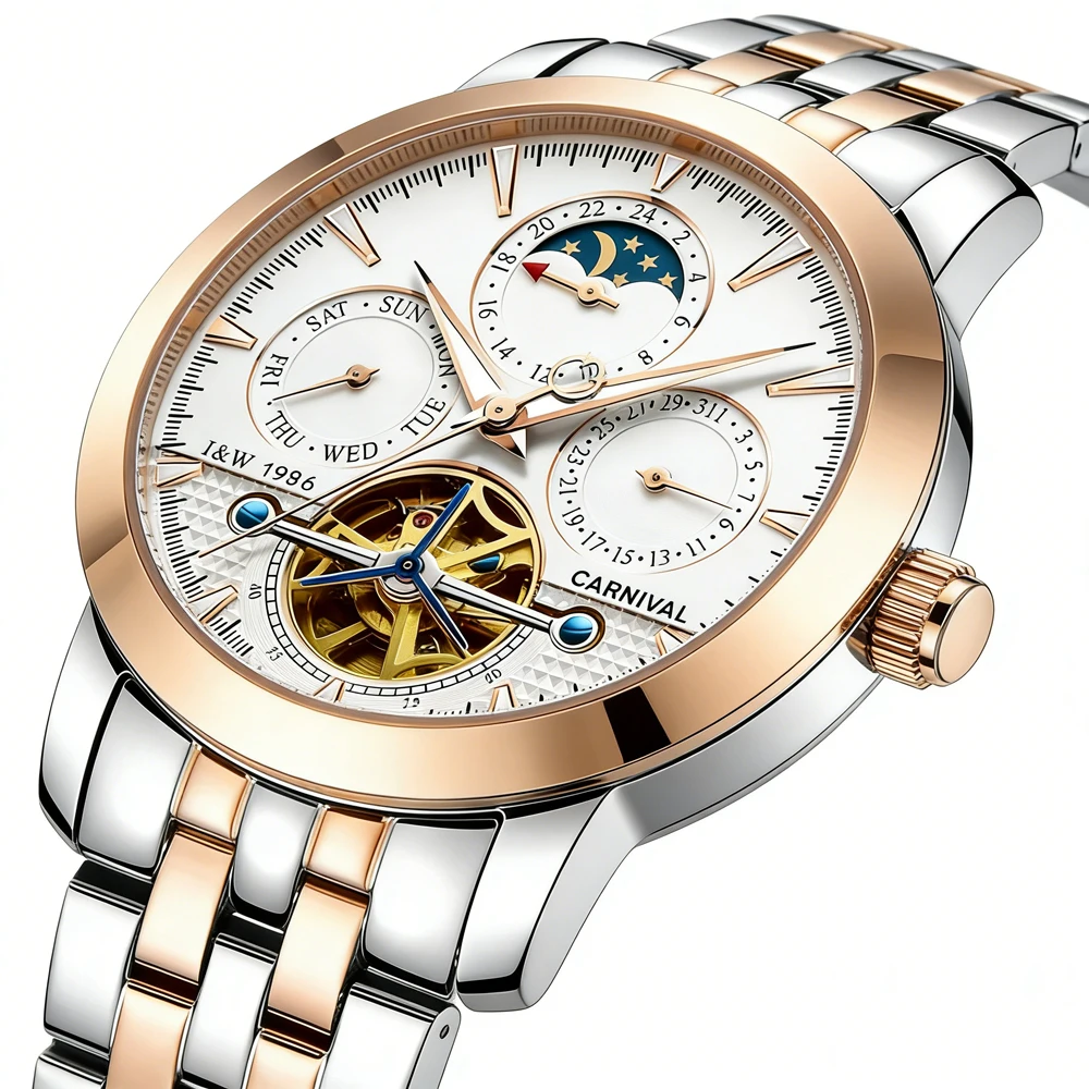 Carnival Brand Fashion Tourbillon Watch Men Stainless Steel Luxury Automatic Mechanical Wristwatch Luminous Military Clock Male