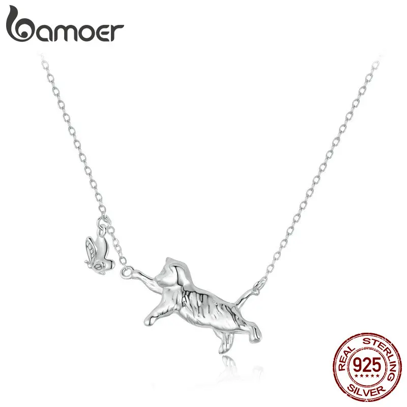 BAMOER 925 Sterling Silver Lovely Cat Pendant Necklace Flying Butterfly Neck Chain for Women Girls Daily Wearing Fine Jewelry