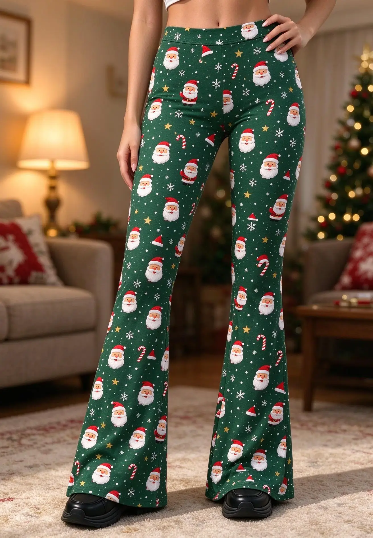 Women Mid-Rise Slim Flared Pants Christmas Holly Pine Tree Snowflake Print Stretch Bell Bottoms Ladies Holiday Flare Trousers