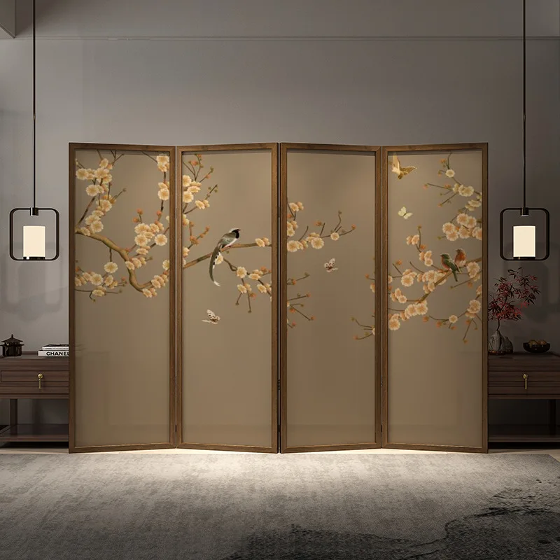 New Chinese Style Bird and Flower Screen Partition Living Room Room Mobile Folding Solid Wood Tea Room Entrance