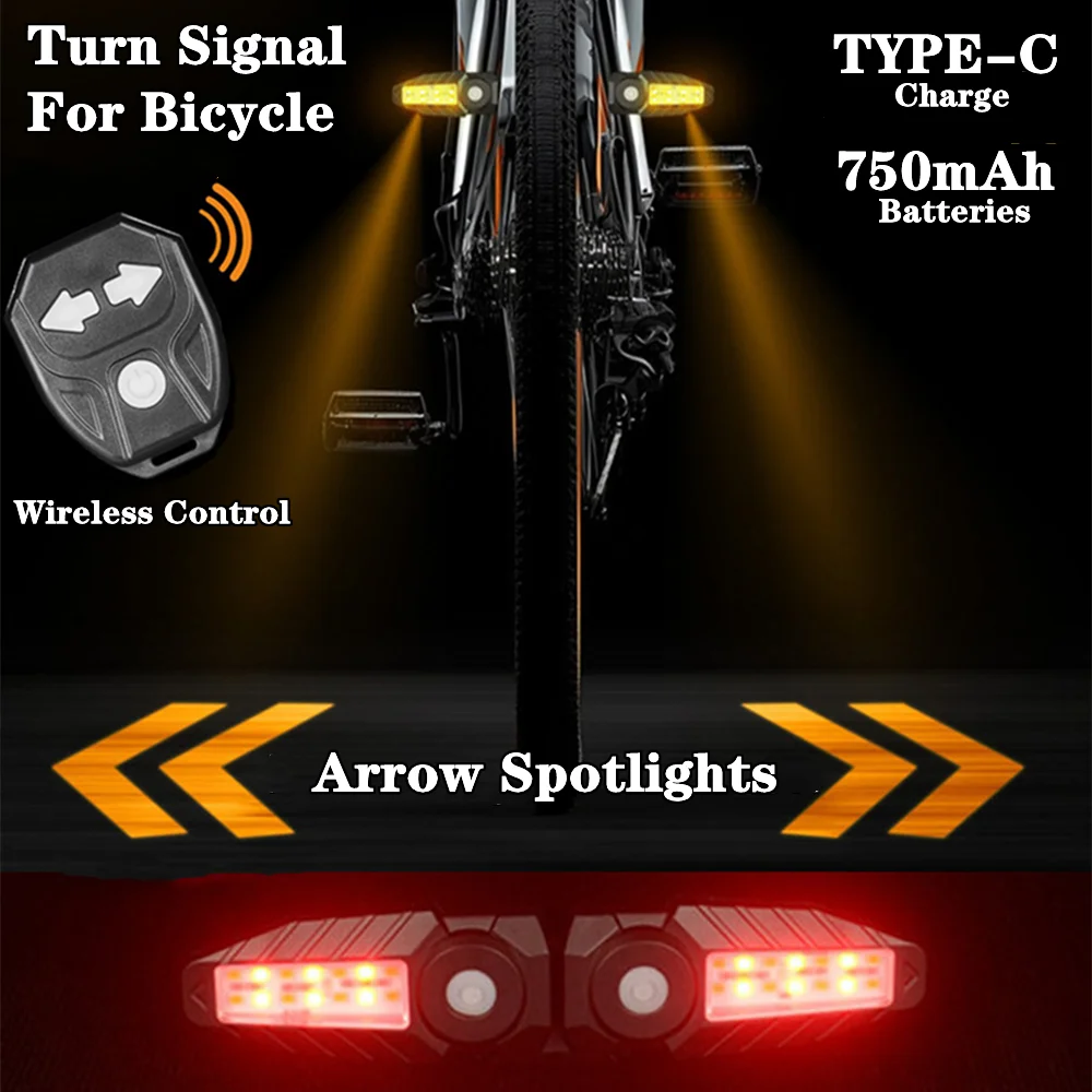 

Bicycle Turn Signal Rear Light LED Cycling Steering Taillight Rechargeable Wireless Remote Bike Lamp MTB Road Waterproof 750mAh