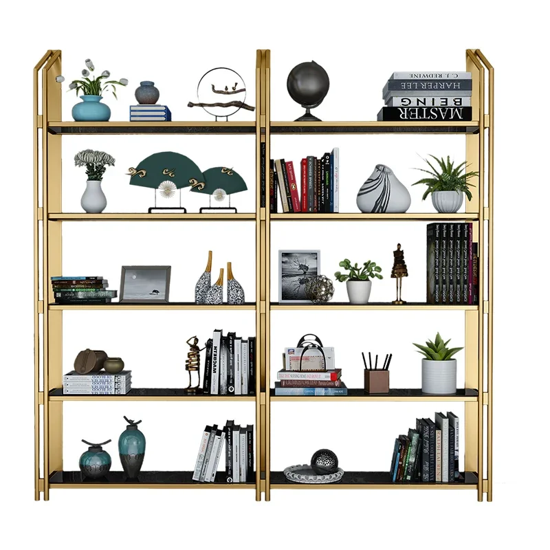 

Luxurious wrought iron bookshelf, floor office, simple gold stainless steel.