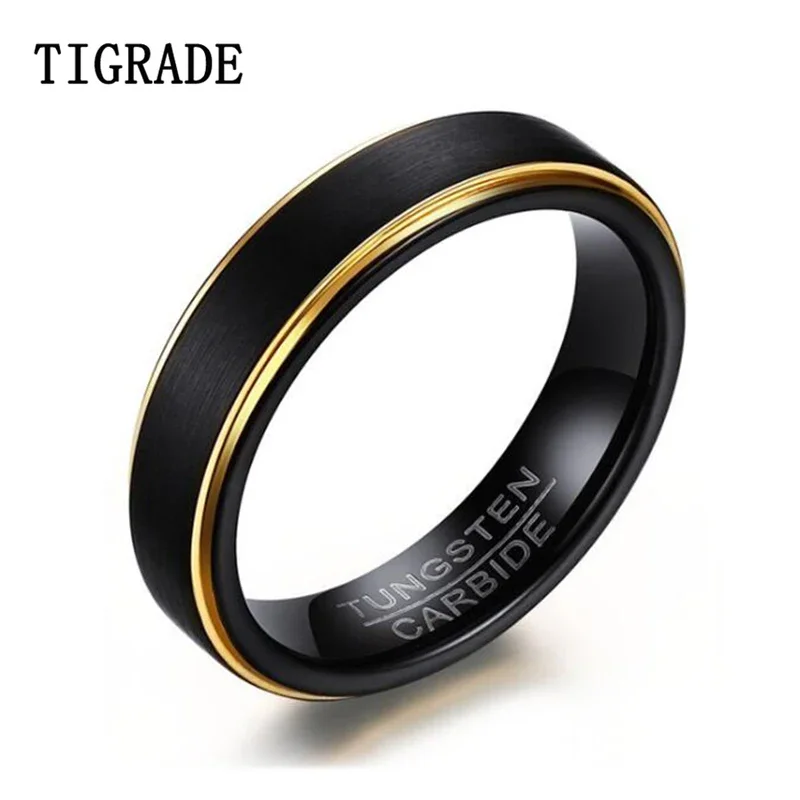 Tigrade Black Tungsten Ring Men Brushed With Gold Color Edge Carbide Engagement Rings Jewelry Matte Unisex Wedding Anillos Band