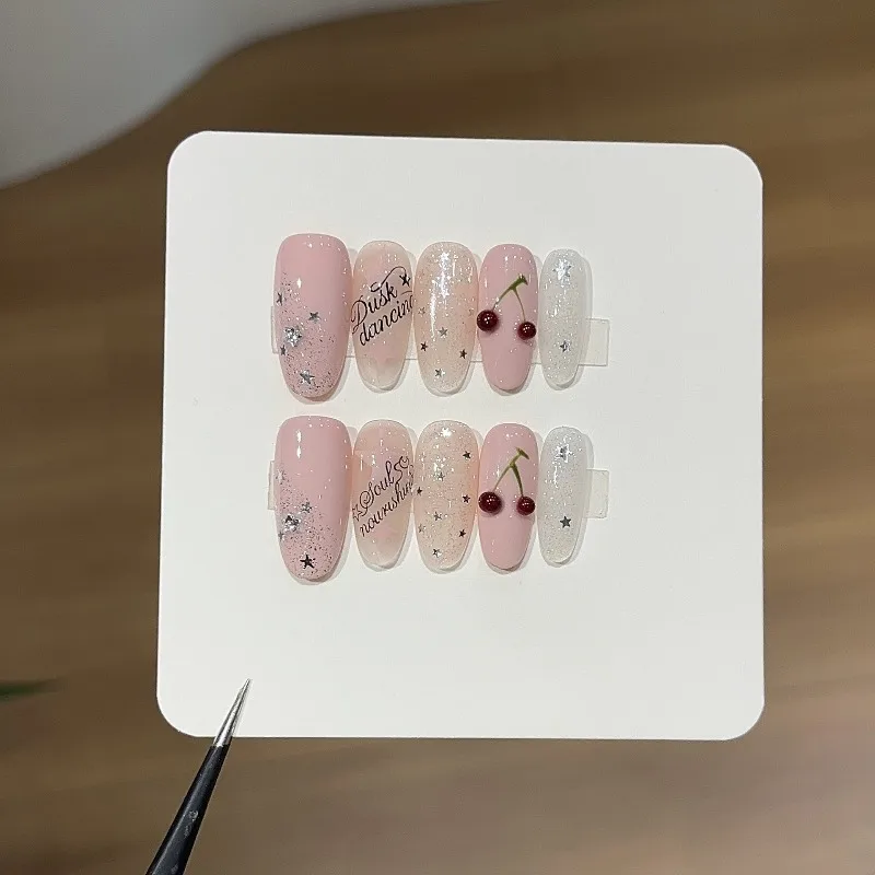 10PCS Pink Mid-length Oval Press on Nails Handmade Sweet Cherry Sparkling Silver Foil Designs False Nails Wearable Nail Manicure