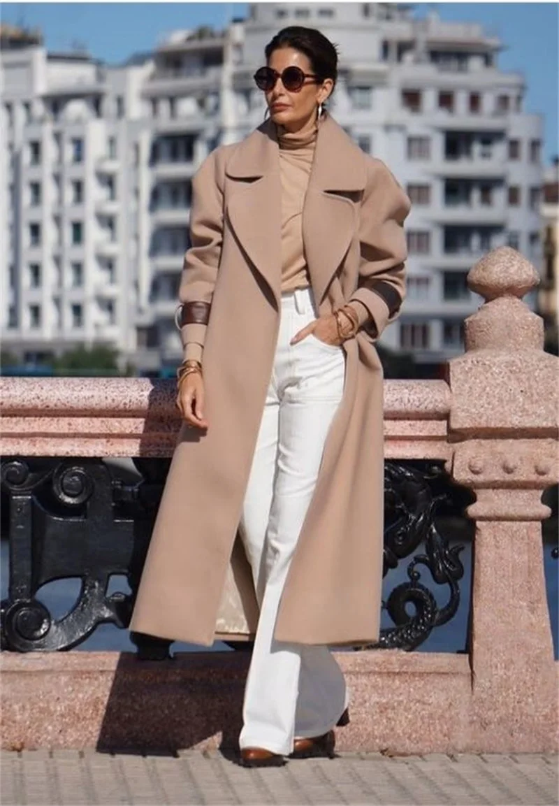 

Beige Cashmere Women Suit Overcoat Woolen 1Pcs Long Jacket Blazer PU Armband Winter Thick Custom Made Formal Office Lady Wear