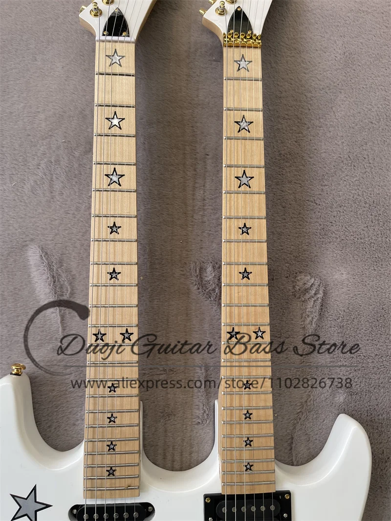 Double Neck guitar White body Maple fingerboard stars inlaid gold Tremolo bridge HHH pickup Kra Gitta factory custom