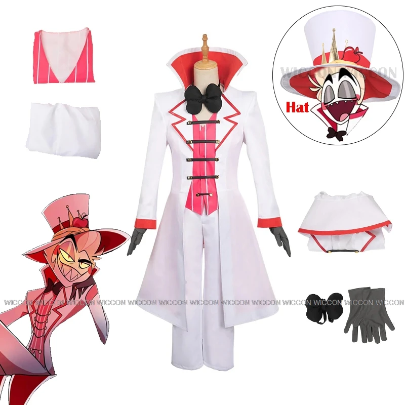 Anime Hazbin Cosplay lucifero Hotel Morningstar King Costume parrucca con cappello Set vestiti Cosplay Halloween Party Devil White Suit