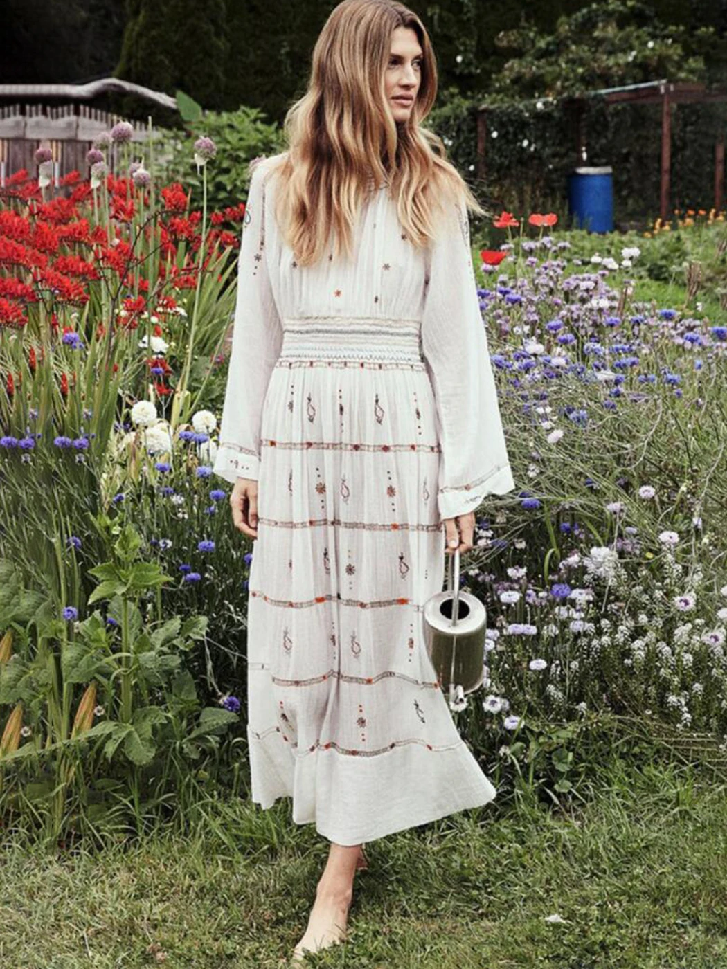 

Jastie Vintage Embroidery Chic Maxi Dress Women Elastic Waist O Neck Long Sleeve Casual Vestidos Boho Holiday Beach Dresses 2022