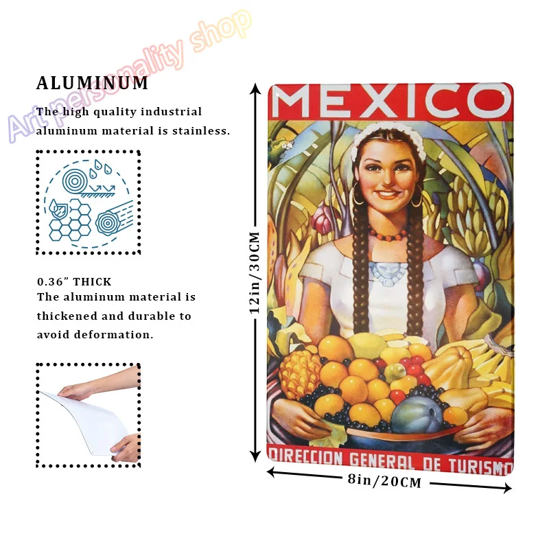 Vintage Mexico Lady with Fruit Tin Sign Mexican Metal Metal Wall Plate for Man Cave Home Bar Garage Restaurant 8x12 Inch