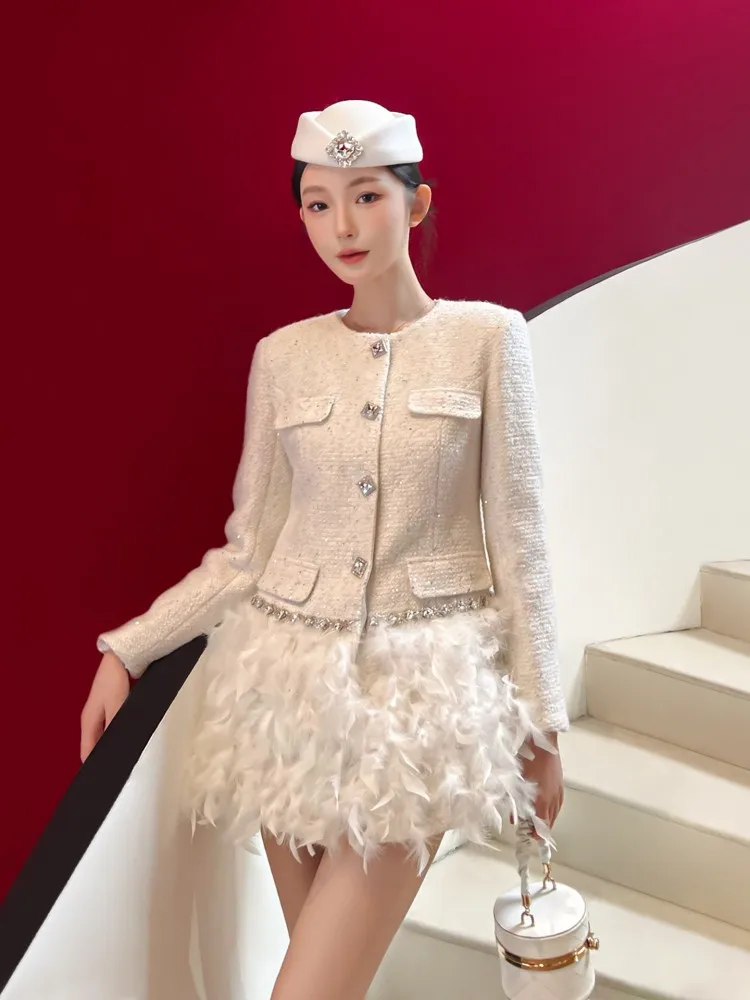 Spring Autumn New Women Elegant Diamonds O Neck Jacket Skirt Two Piece Set Single Breasted Spliced Ostrich Feather Skirt Outfits