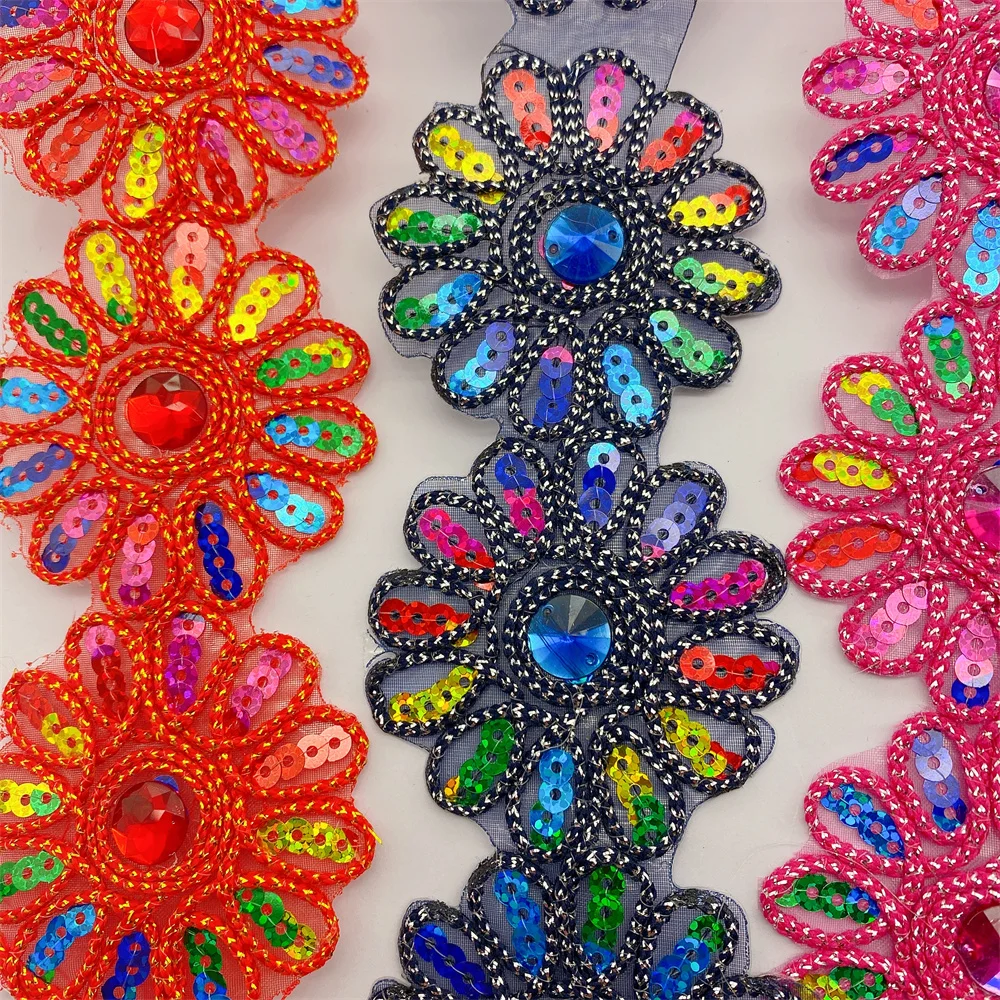 4meters Colorful Sew on  Rhinestone lace trim Lace fabric For Bridal Wedding  wide:6cm