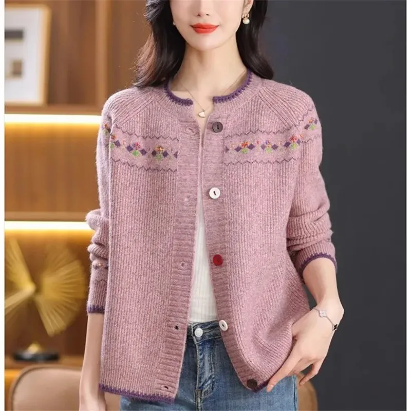 

Women's Fashion Knitwear Spring Autumn New Flower Yarn Knitted Sweater Cardigan Loose Short Round Neck Sweater Coat Female