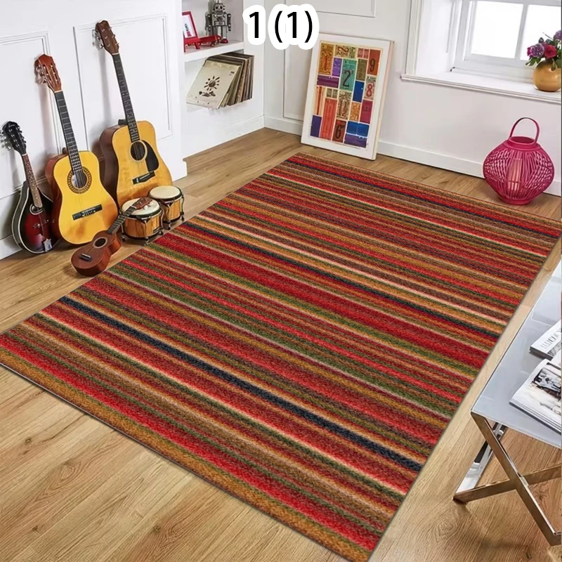 Bohemian Colorful Stripe Decorative Carpet Ethnic Style Vintage Contrast Color Rug Living Room Bedroom Wear Non Slip Floor Mat