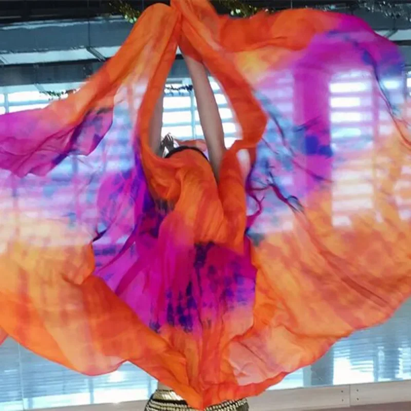 Akcesoria do stroju do tańca brzucha, jedwabne welony do tańca brzucha tie-dye, 250*114 cm, rekwizyty do występów scenicznych, super lekkie, kolorowe, zwiewne, z motywem kwiatowym.