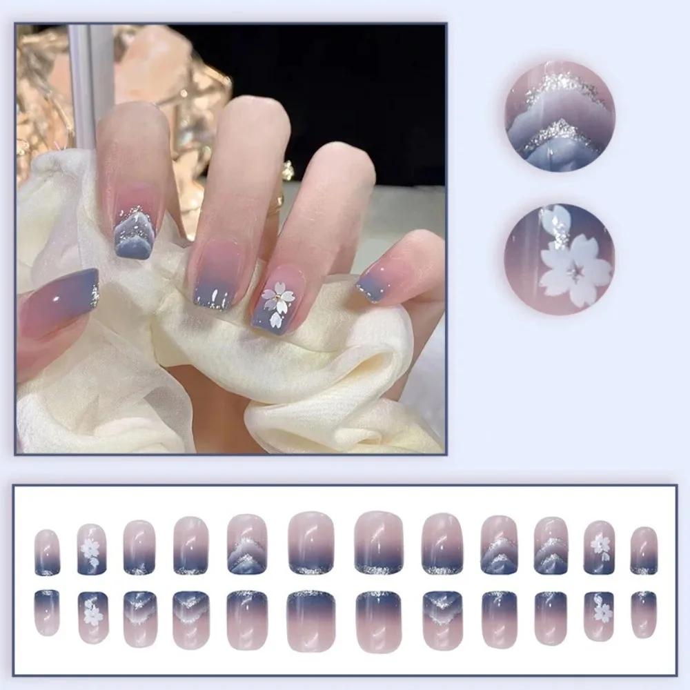 24Pcs Pink French Fake Nail Short Square False Nails with Glitter Flowers Design Press on Nails Wearable Full Cover Nail Tips view 6