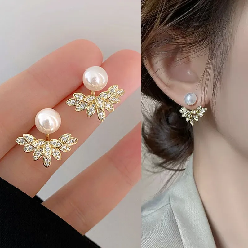 925 Silver Needle Back Hanging Crystal Petal Earrings For Women Korean Jewelry 2024 Trending New Luxury Pearl Stud Earrings Gift