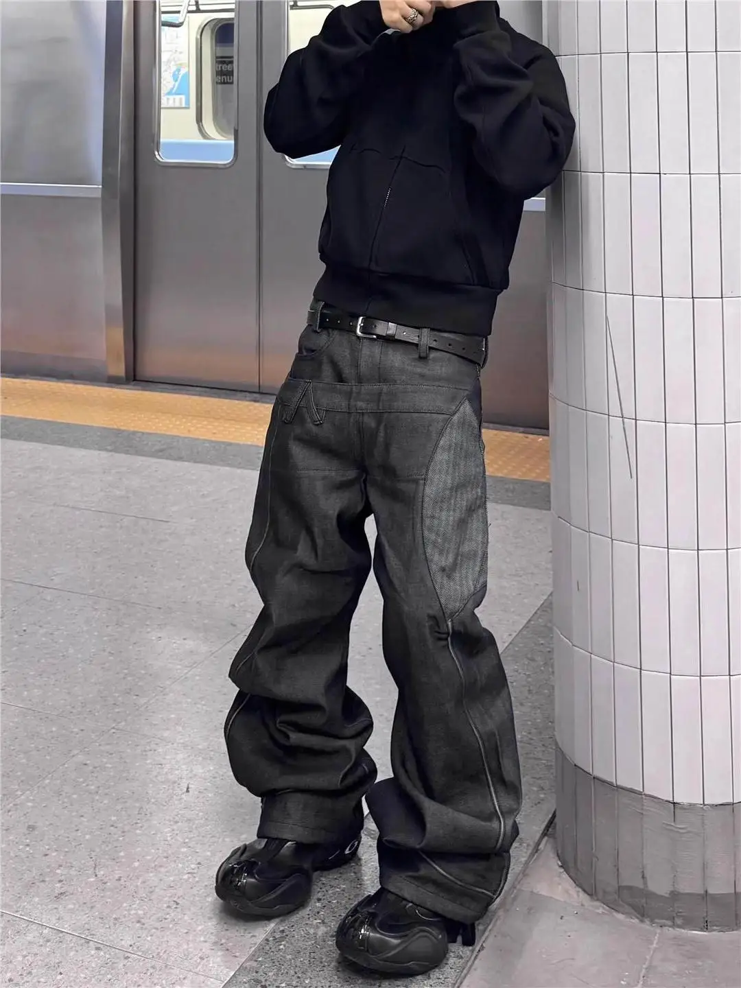 American High Street Retro Patchwork Double Waist Knife Jeans Men's Women's CleanFit  Fake Two-Piece Straight Leg Pants