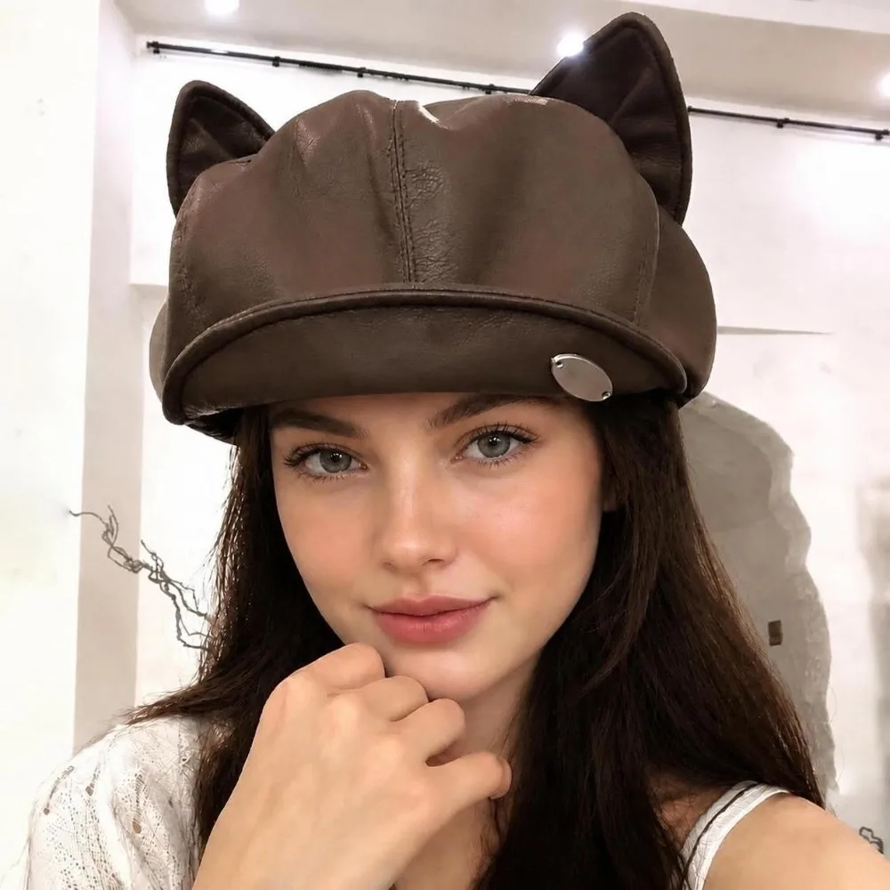 Elegant PU Leather Cat Ear Beret Black/Coffee Retro Style Leather Beret Hat Cute Ear Design Painter Hat Autumn Winter