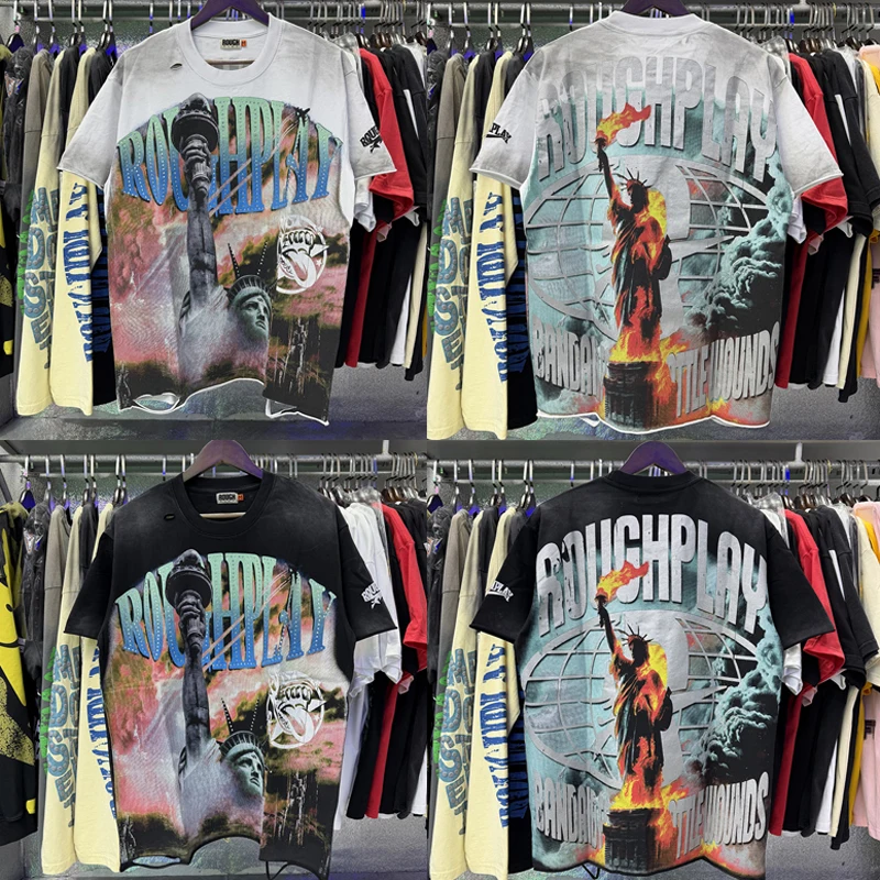 American High-quality Casual Short Sleeved Top Statue of Liberty Pattern Rhinestone Print Damaged Roughplay T-shirt