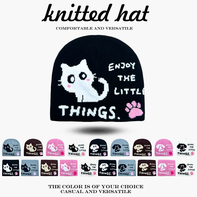 

Warm Casual Fashion Outdoor Beanies Cute Versatile Korean New Men Women Cartoon Jacquard Kitten Puppy Paw Letters Knitted Hats