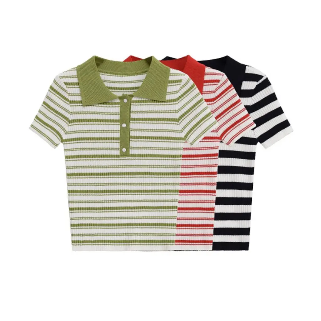 

Summer Women's Casual Ribbed Polo Top Striped Short-Sleeved Versatile Work Clothing European And American Style New