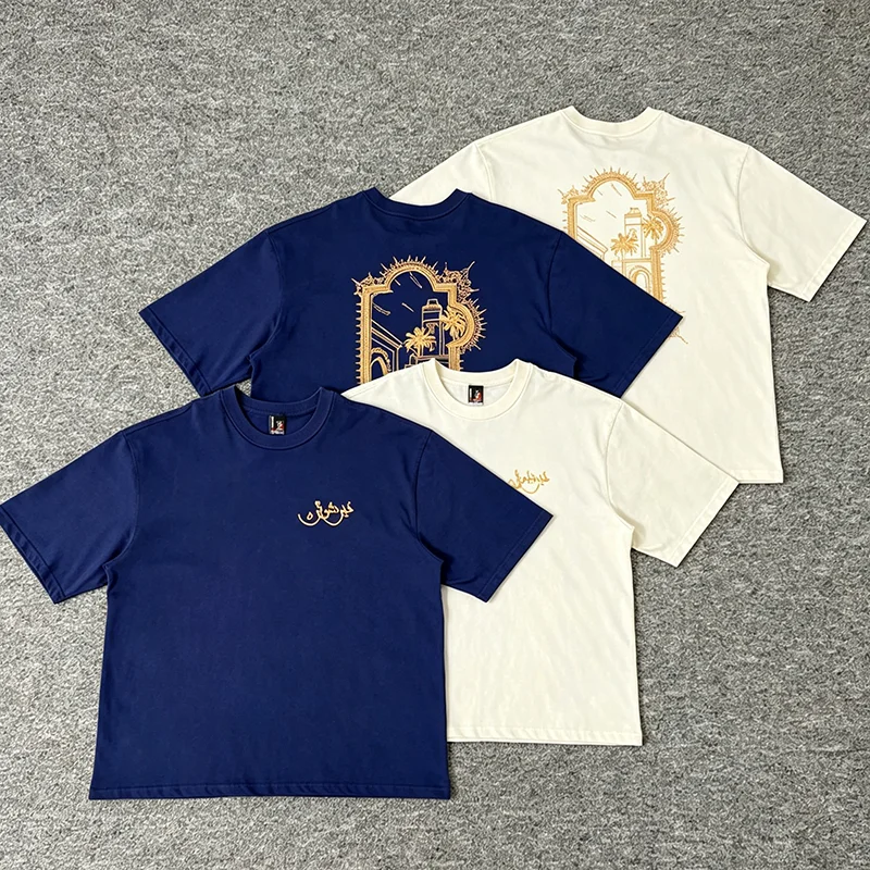 2026SS DERSCHUTZ Men Tee Double Side Embroidery Arabic Cursive Script Framed Building Palm Tree Loose Short Sleeve Top