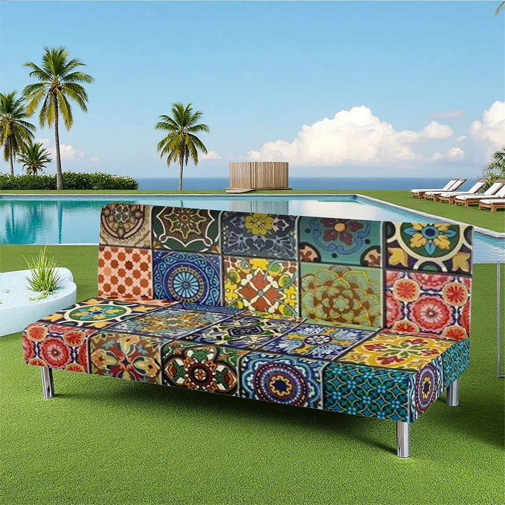 Bohemian Tile Printed Summer Outdoor Sofa Bed Cover, Milk Silk Elastic Slipcover for Indoor/Outdoor Use, Pet