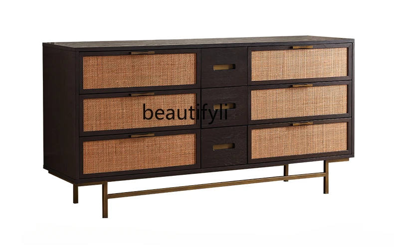 Modern Minimalist Mid-Ancient Retro Distressed Style Solid Wood Oak Rattan Woven Nordic Hallway Side Cabinet