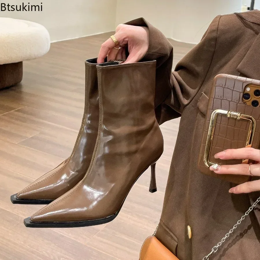 

2025 Women's Sexy Short Boots Ankle Boots Pointed Toe Retro Short Booties Shoes Thin High Heel Shoes Boots Luxury Shoes Female