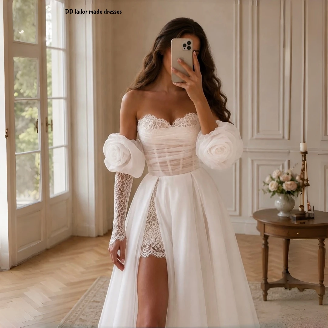 High Slit Beach Wedding Dress Detachable 3D Rose Puff Bubble Long Lace Sleeves Ruched Corset Ivory White Bridal Gown Customized