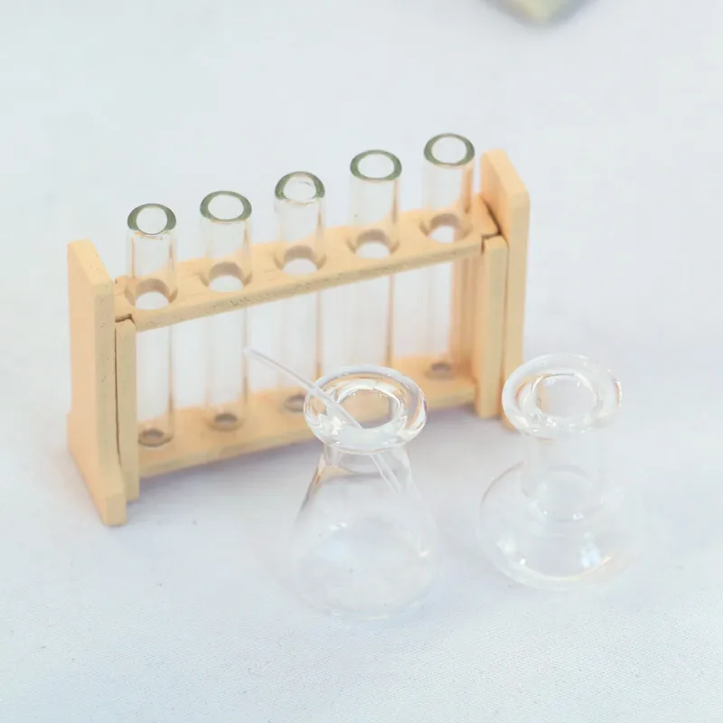 Dollhouse Miniature Laboratory Glass Test Tubes with Wooden Rack Dropper Measuring Cup Simulation Physical Chemistry Experiment