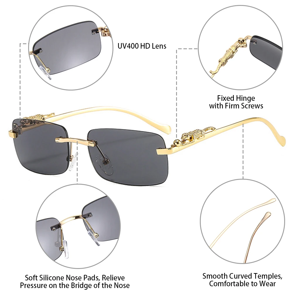 Fashion Rimless Rectangle Sunglasses for Women Men Retro Cheetah Decoration Clear Ocean Lens Sun Glasses Shades UV400 Eyewear