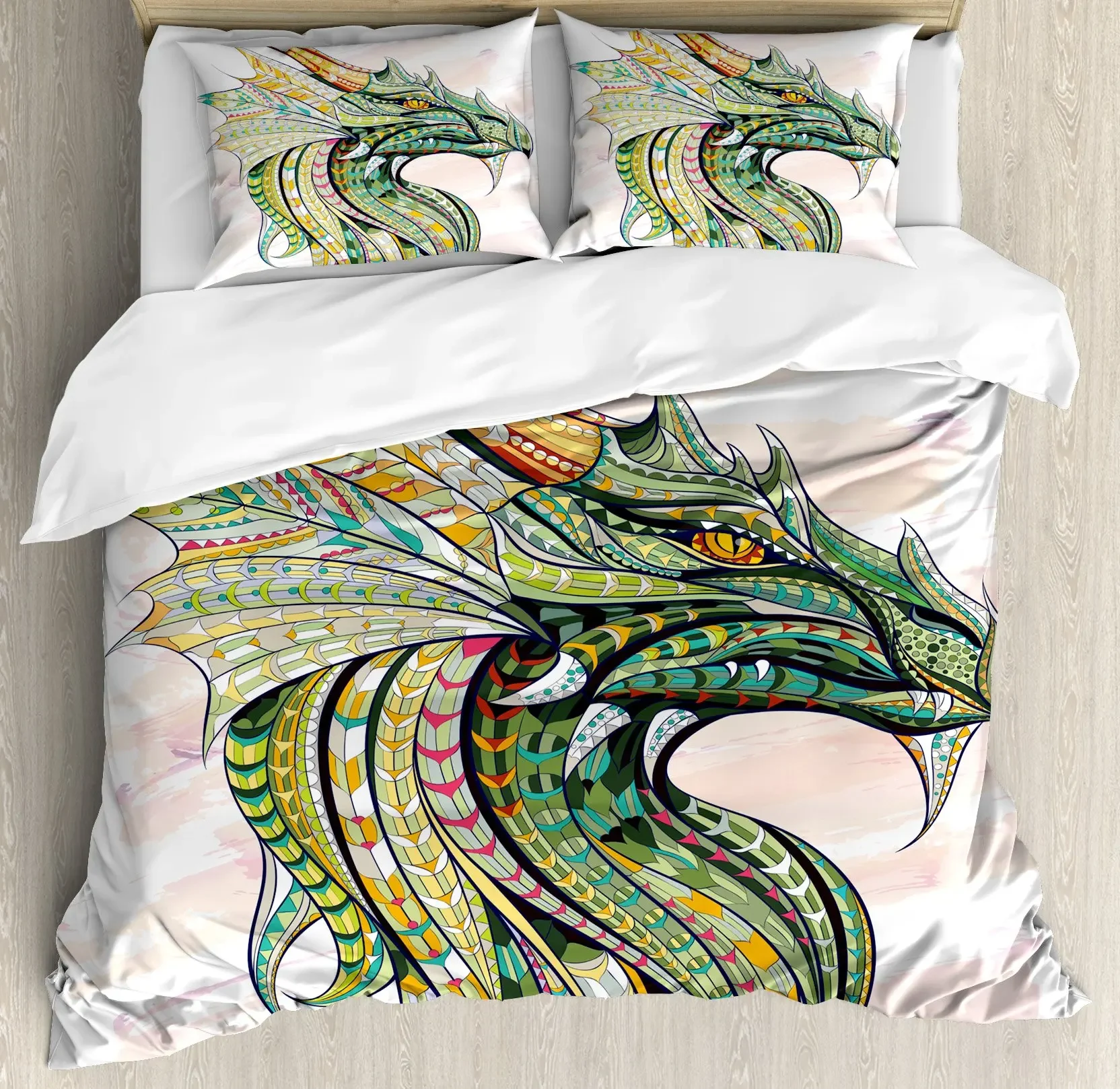 Duvet Cover Head of Dragon Ornate Effects on Backdrop Mythical Illustration Bedroom Decorations White Green for Women Men Kids