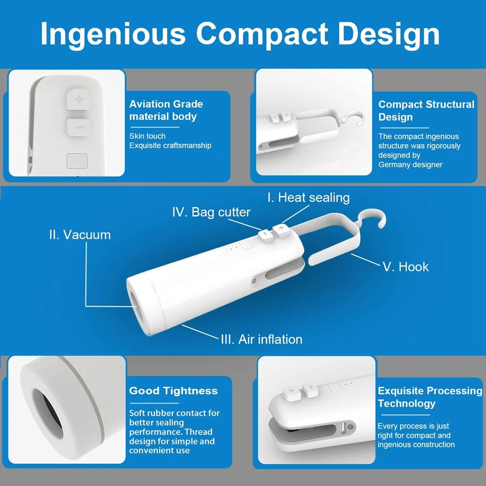 Máquina De Aferidor De Vácuo Portátil Recarregável, cortador De Selador De Calor, ferramenta De Inflação, economizador De Saco De Comida, sistema De Vedação De Embalagem