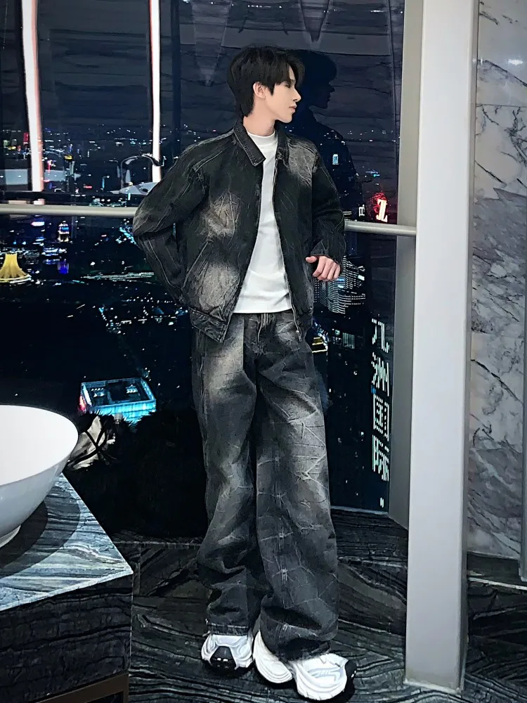 Retro Korean Style Men Fashion Outfits Zipper Notched Cowboy Set Loose Fit Denim Jacket Straight Leg Pants Jeans Three Piece Set