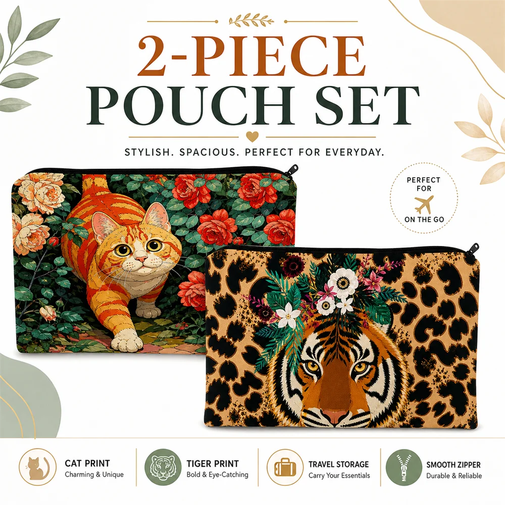2-Piece Set Orange Cat And Tiger Patterned Makeup Bags with Zipper for Storage And Organization
