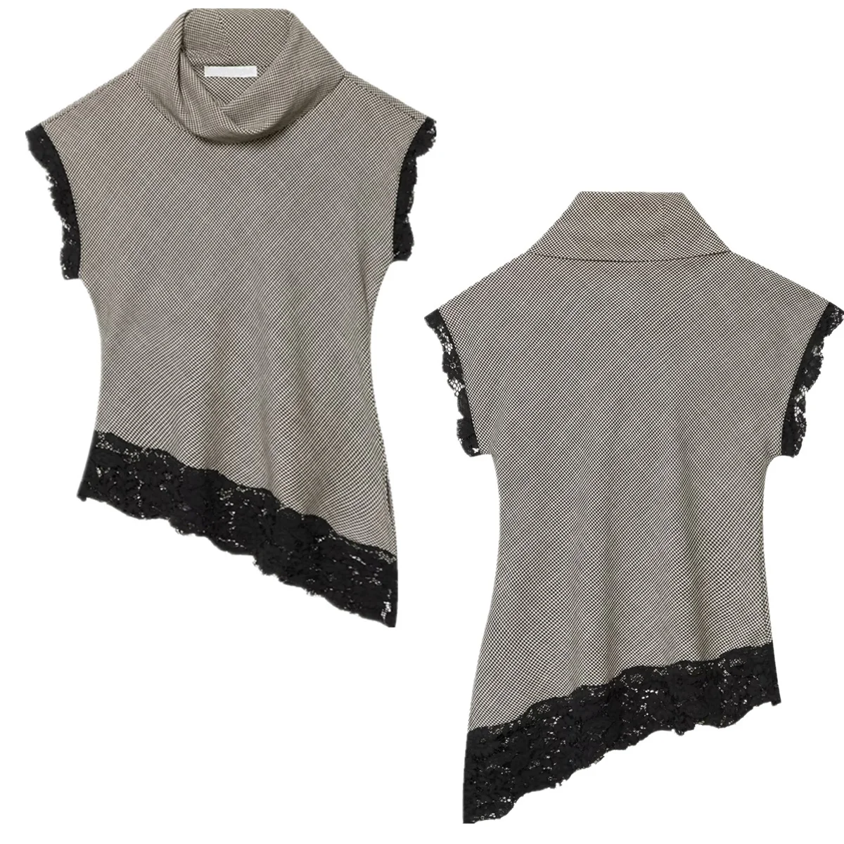 

Jenny&Dave 2026 Woman Clothing Summer Blouse French Elegant Plaid Lace Patchwork Asymmetrical T-shirt Top Shirt For Women