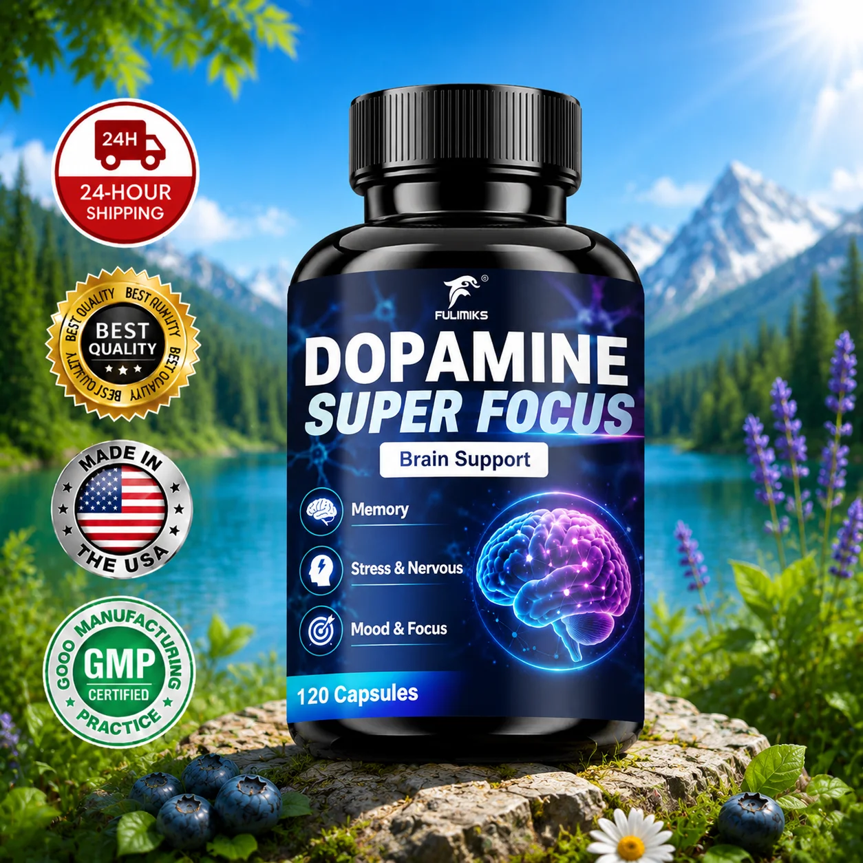Nootropic Brain Focus Capsules with L-Tyrosine Lion’s Mane L-Theanine, Support Brain Mental Clarity & Memory Learning Efficiency