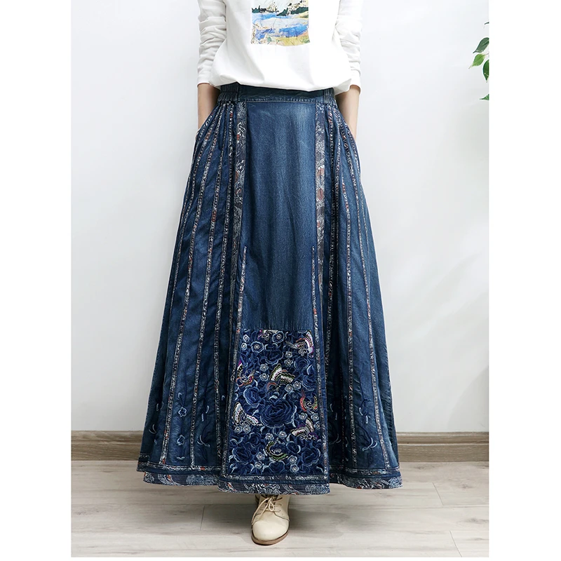 25 New Arrival Autumn Women Casual High Waist Embroidered A-line Skirt Loose High-quality Cotton Denim Ankle-length Skirts Y224
