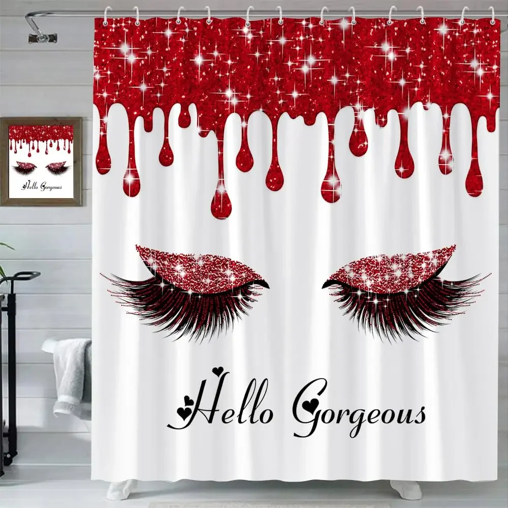 Eyelash Makeup Shower Curtain Fashion Pink Girl Cute Princess Colorful Abstract Art Bathroom Shower Curtain Decor with Hooks
