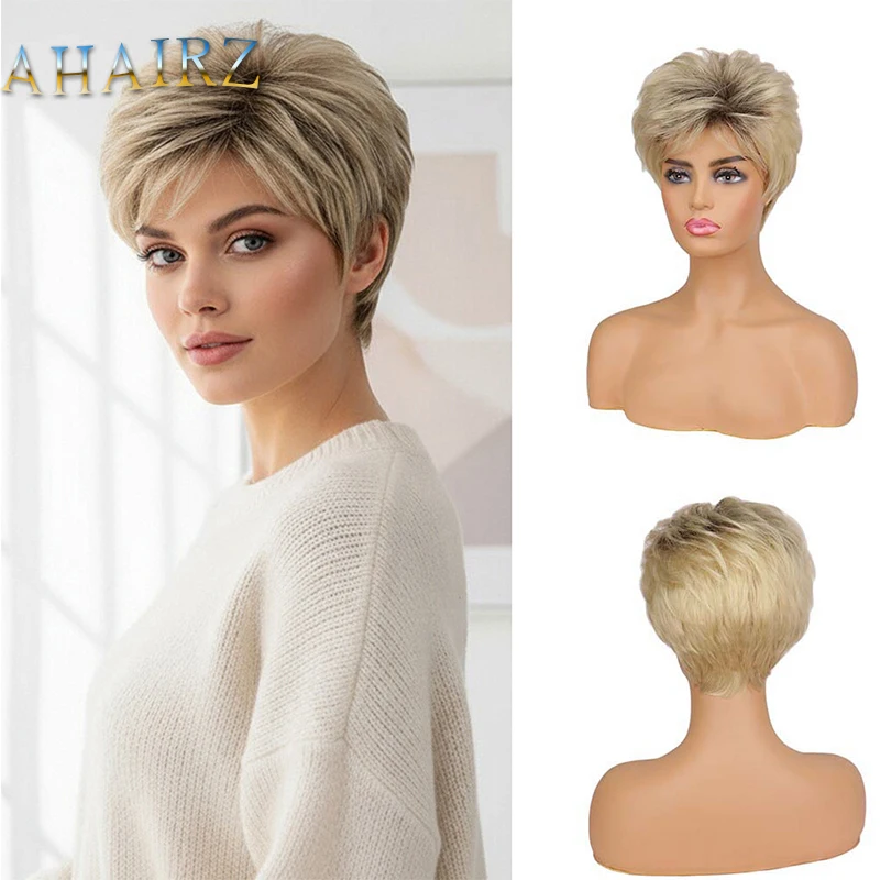 

Синтетические парики Короткие смешанные светлые прямые парики с боковой челкой для женщин Парик для повседневного ношения Высокотемпературное волокно