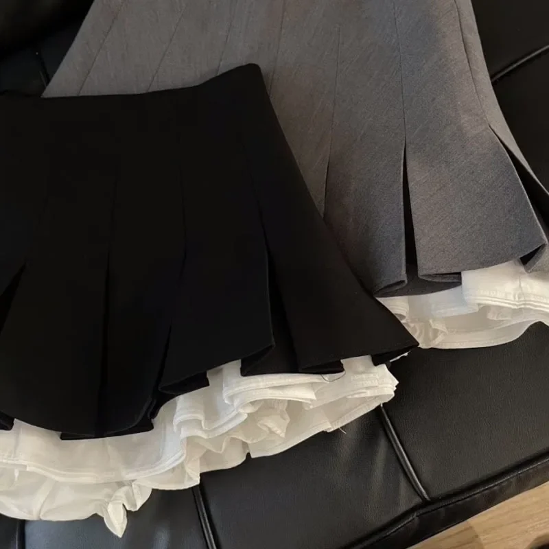 Japanese College Style Pleated Skirts Solid Black Grey Patchwork Women All-Matching Mini Skirt Female High Waist A- Line Skirt