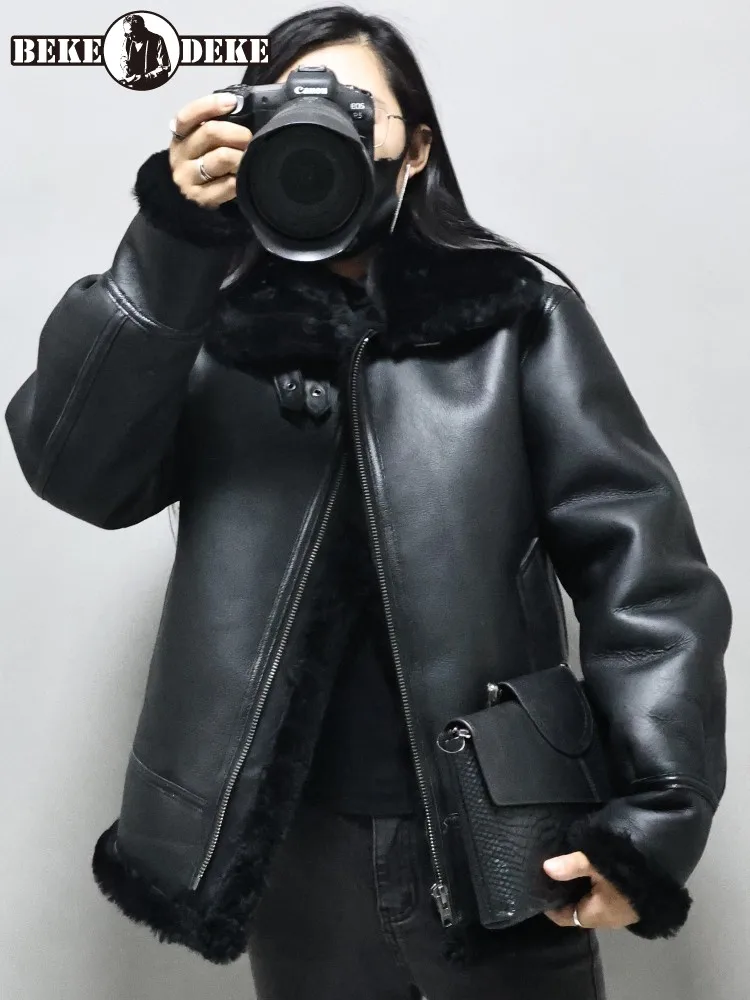 Boyfriend Style Women Winter Loose Fit Natural Shearling Real Sheep Fur Lining Coat Unisex Biker Genuine Leather Wool Jacket 5XL