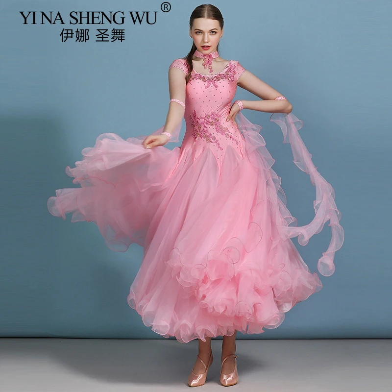 Women Waltz Competition Ballroom Dress Standard Mordern Dance Performance Stage Costume Evening Gowns Short Sleeves Rhinestones