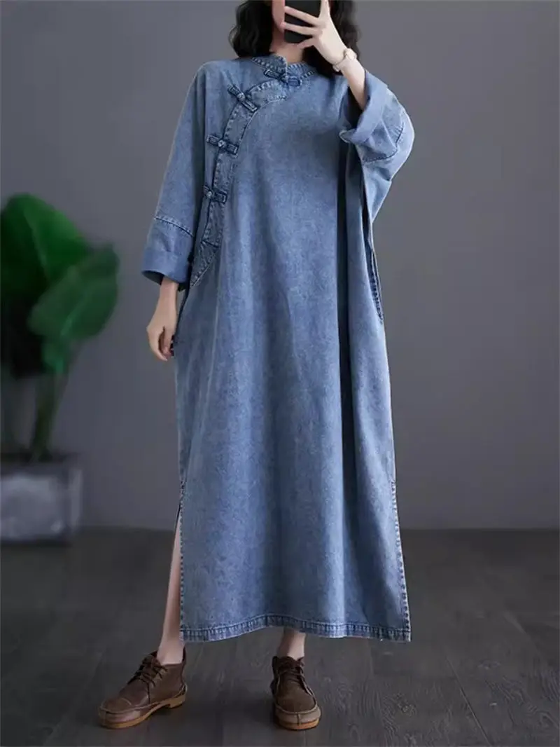 New Chinese Style Diagonal Breasted Button Up Denim Dress 2024 New Spring And Autumn Long Dress Loose Improved Qipao Dress K1419